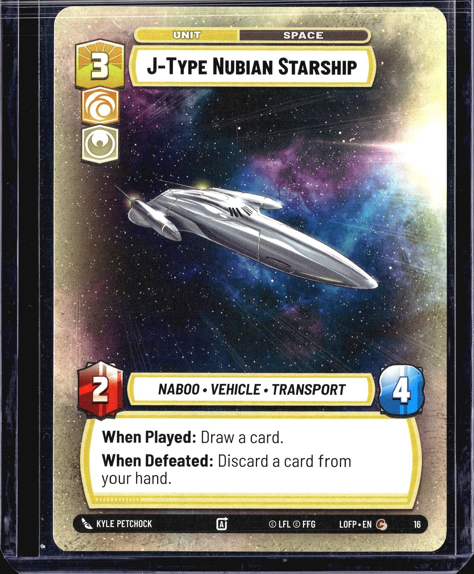 Star Wars Unlimited J-Type Nubian Starship #16: This listing is for the J-Type Nubian Starship, card #16 from the Star Wars Unlimited trading card game, published by Fantasy Flight Games (FFG) under license from Lucasfilm (LFL). It is a Unit - Spac