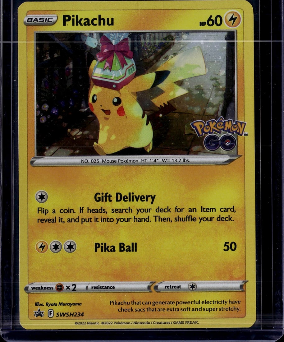 2022 Pokemon GO Pikachu #025 Basic Yellow Card: This is a 2022 Pokemon GO Pikachu card (No. 025) featuring the iconic Mouse Pokemon in pristine condition. The card showcases Pikachu wearing a festive party hat and holding a gift, a special promotio