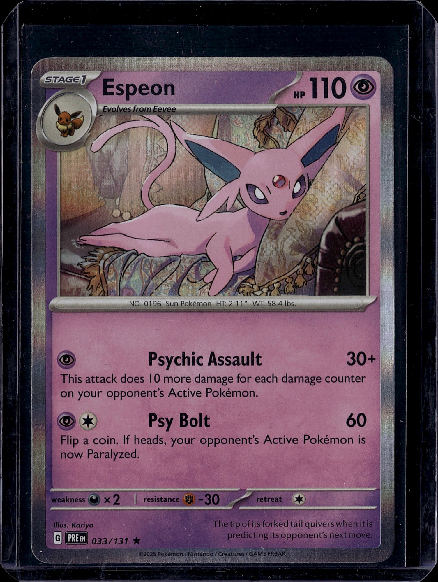 Espeon 033/131 Pokemon Sun & Moon TCG Card: This is a raw Espeon Pokemon Trading Card Game single from the Sun & Moon set, card number 033/131. Espeon is a Stage 1 Psychic-type Pokemon that evolves from Eevee, featuring 110 HP and striking artw