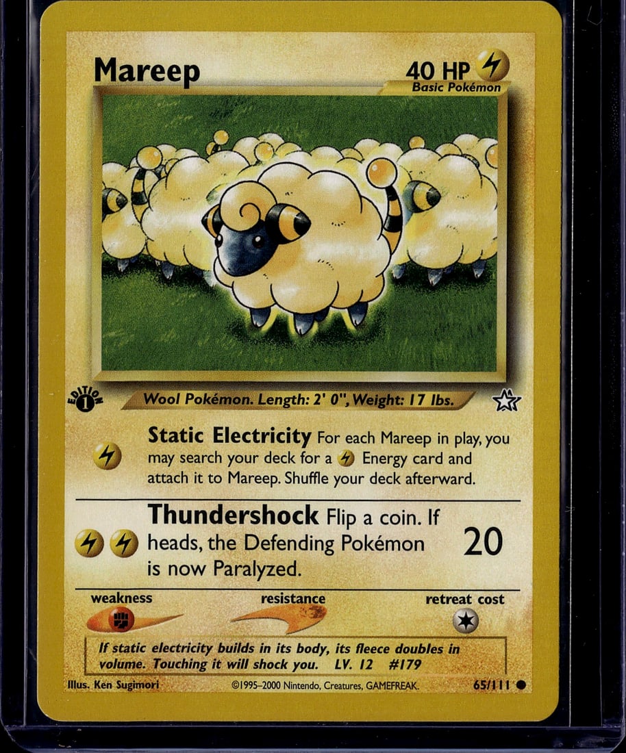 Mareep 65/111 Pokemon Base Set 2000 Nintendo: This is an ungraded Mareep Pokemon trading card from the Base Set era, released by Nintendo in 2000. Card #65/111 features the iconic wool Pokemon with its distinctive fluffy appearance and