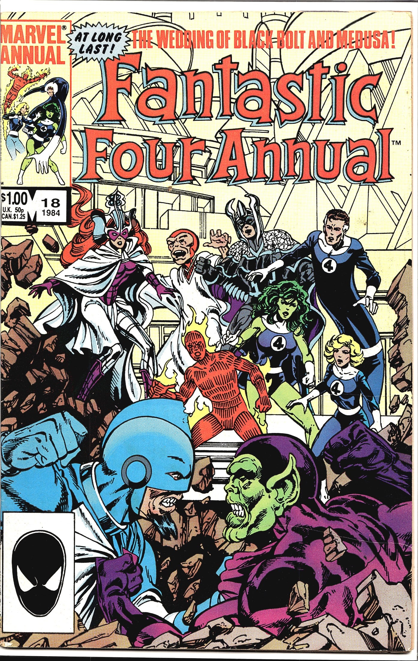 1984 Marvel Fantastic Four Annual #18 Comic Book: This is Fantastic Four Annual #18 published by Marvel Comics in 1984, priced at $1.00 on the cover (U.K. 50p / CAN. $1.25). The cover prominently announces 'The Wedding of Black Bolt and Medusa!' and 