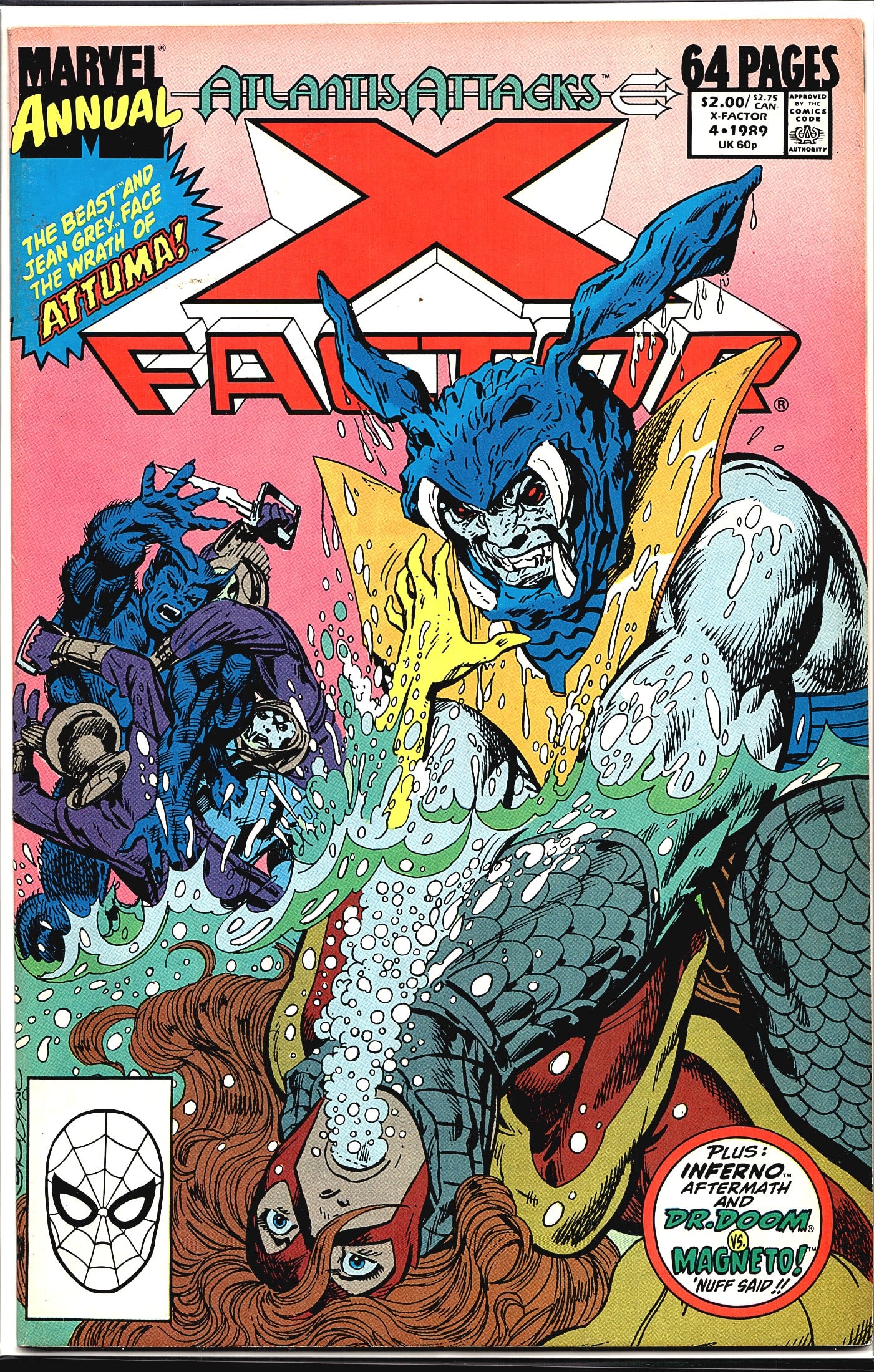 1989 Marvel X-Factor Annual #4 Comic Book: This is Marvel's X-Factor Annual #4, published in 1989 as part of the 'Atlantis Attacks' crossover event. The issue is 64 pages and priced at $2.00 (US) / $2.75 (CAN) / 60p (UK). The cover prominently