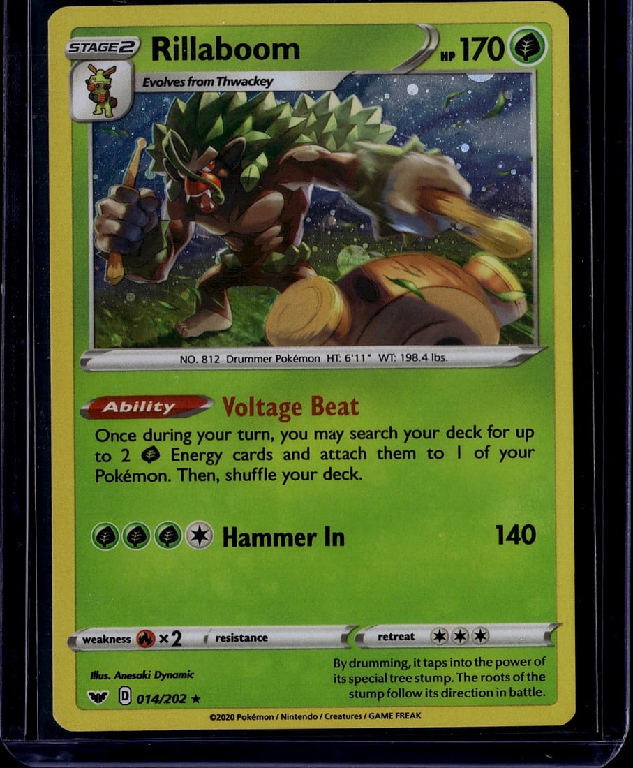 Rillaboom 014/202 Stage 2 Pokemon Sword Shield: This is a raw Rillaboom Pokemon trading card from the Sword & Shield expansion set, card number 014/202. Rillaboom is a Stage 2 Grass-type Pokemon with 170 HP that evolves from Thwackey. The card feat