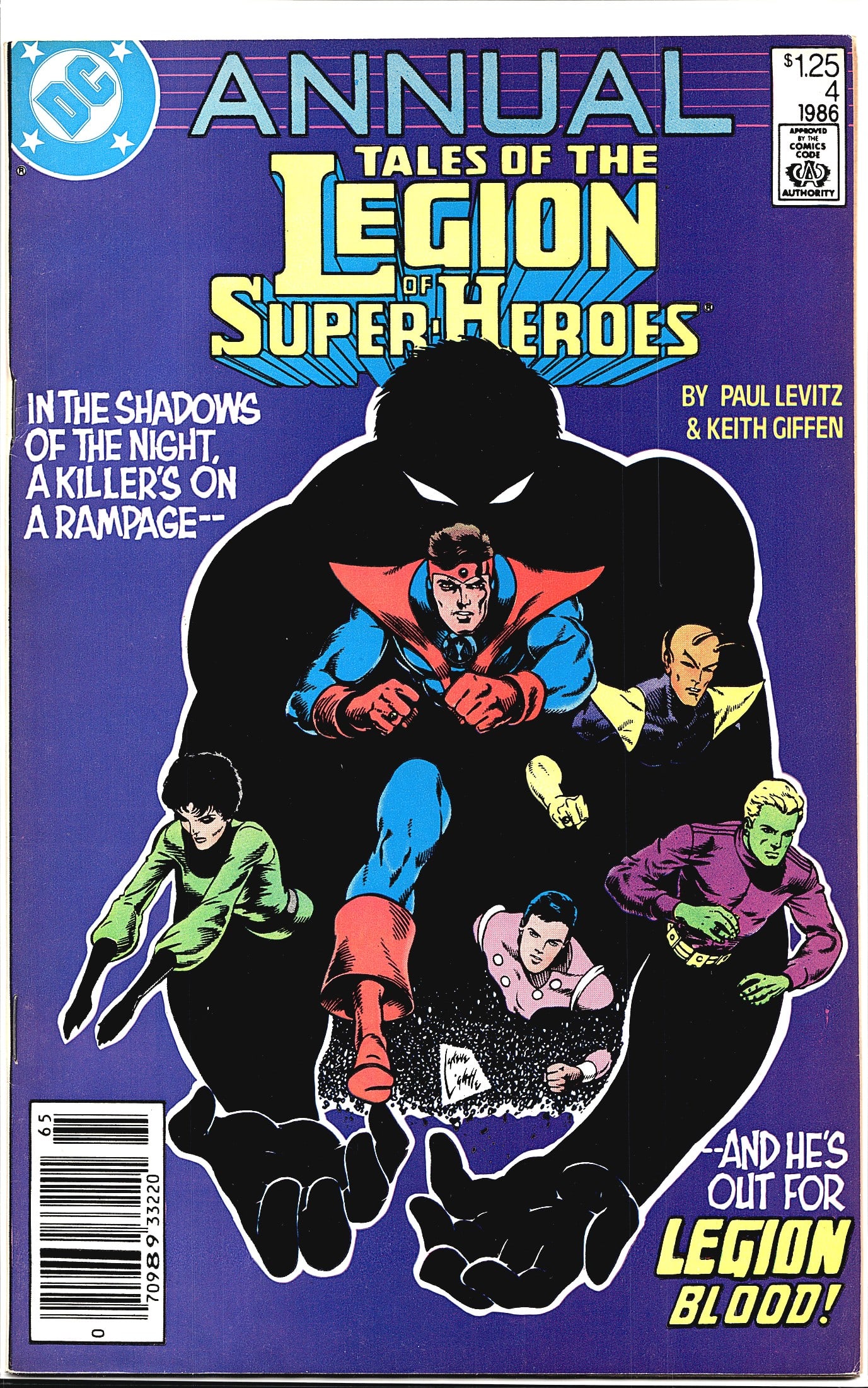 1986 DC Comics Tales of the Legion of: This is DC Comics' Tales of the Legion of Super-Heroes Annual #4, published in 1986 and priced at $1.25 on the cover. The story is written by Paul Levitz with art by Keith Giffen, two of the most