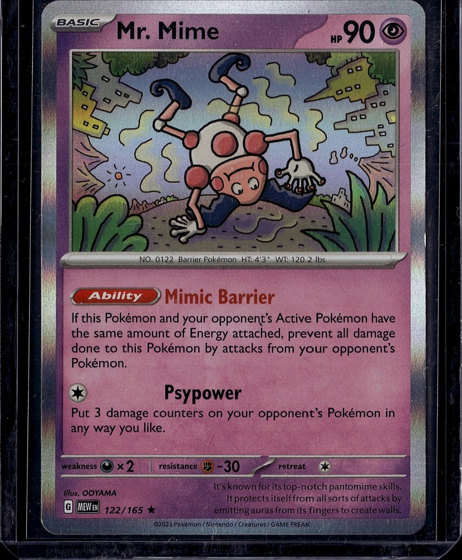 Mr. Mime 122/165 Scarlet Violet Pokemon Card: This is a raw Pokemon single from the modern Scarlet & Violet expansion set, featuring Mr. Mime (card #122/165). The card showcases vibrant artwork of the iconic Barrier Pokemon with its distinctive