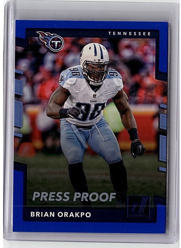 2017 Donruss Press Proof Blue #223 Brian Orakpo: This is a 2017 Donruss Press Proof Blue variant football card featuring linebacker Brian Orakpo, card number 223. The Press Proof line represents one of Donruss's premium parallel sets,