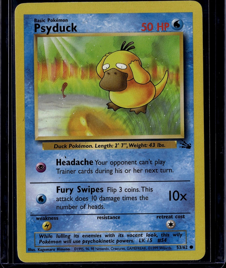 1999 Pokemon Base Set Psyduck Card #53/62: This is an original 1999 Pokemon Trading Card Game Base Set Psyduck card (#53/62), a fundamental piece of early Pokemon card collecting history. Psyduck is a Basic Water-type Pokemon with 50 HP featur