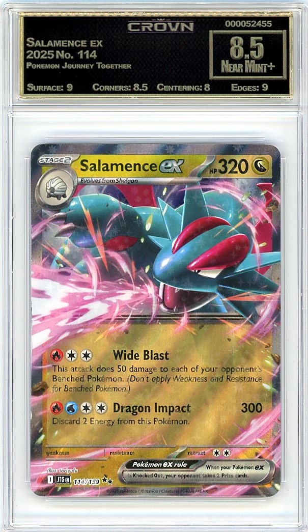 2025 Salamence ex Pokemon Journey Together #114: Graded by Crown Grading. Grade: 8.50. Near Mint+