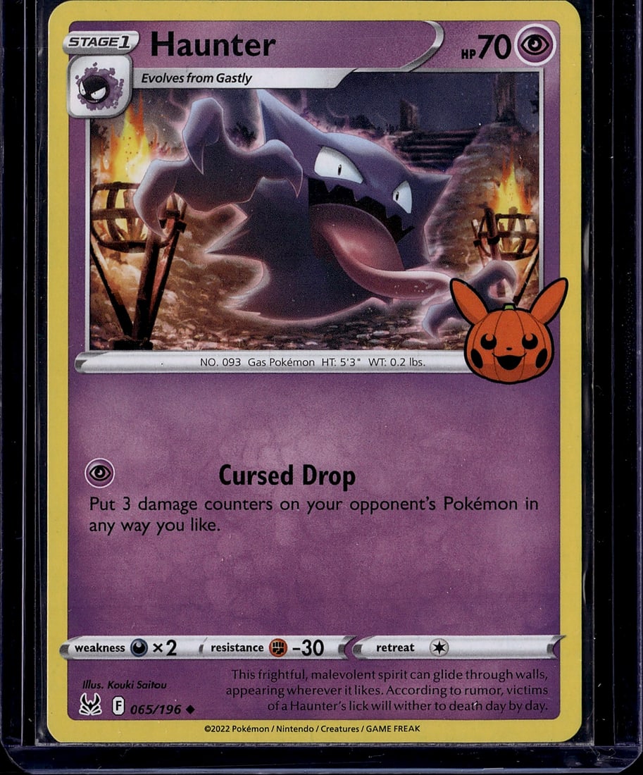 Haunter 065/196 Pokemon Scarlet & Violet Stage 1: This is a raw, ungraded Haunter Pokemon Trading Card from the Scarlet & Violet set, card number 065/196. Haunter is a Stage 1 Gas-type Pokemon that evolves from Gastly, featuring 70 HP and the