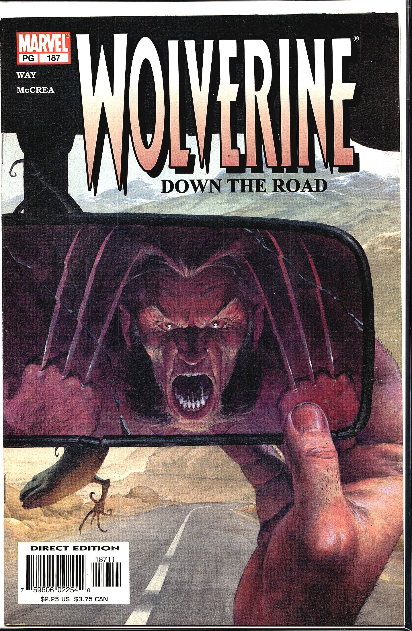 Wolverine #187 Down the Road Marvel Comics Way: Wolverine #187, titled 'Down the Road,' published by Marvel Comics. Written by Daniel Way with art by John McCrea. This Direct Edition issue features a striking cover depicting Wolverine reflected in 