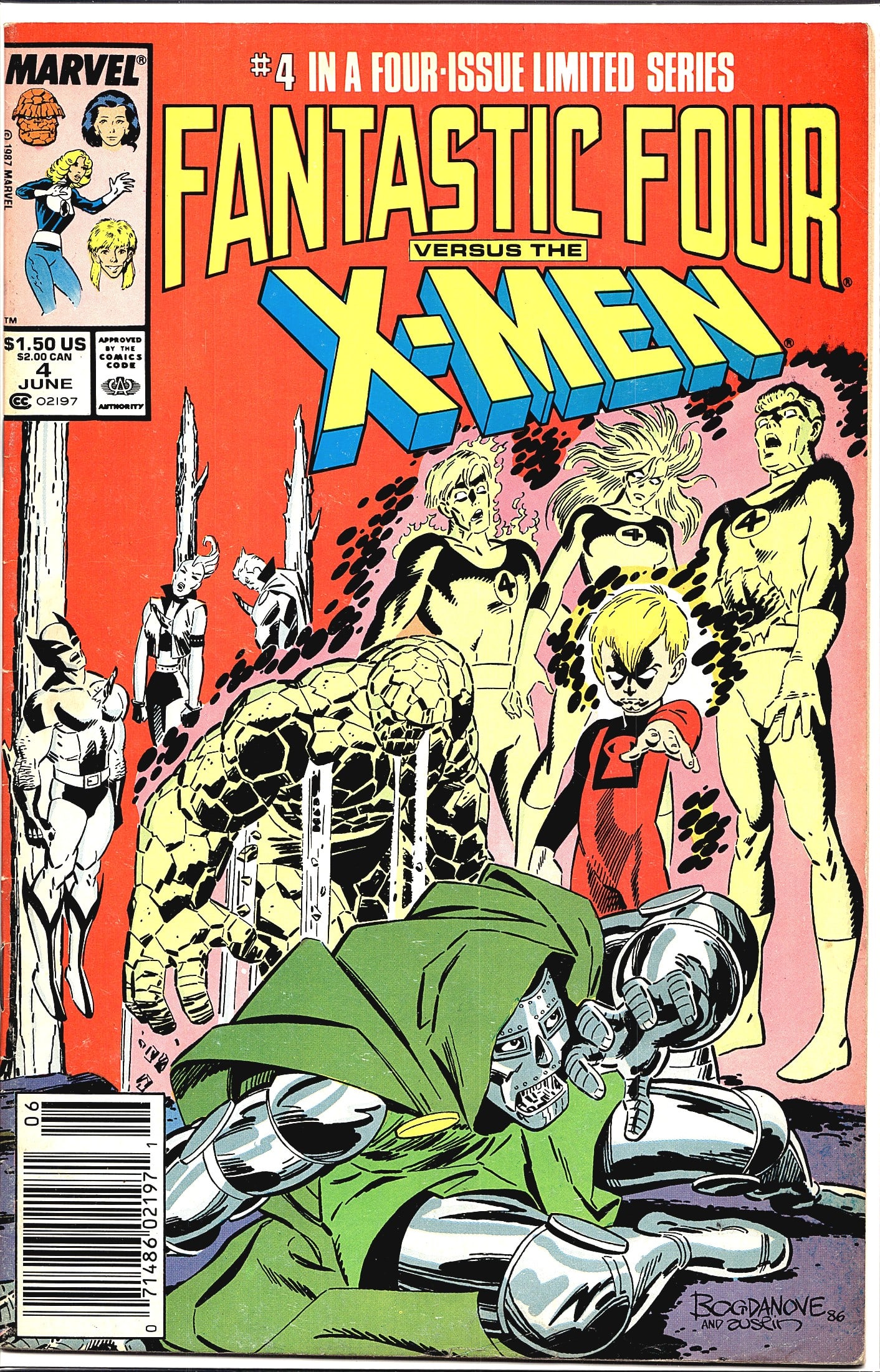1987 Marvel Fantastic Four vs. X-Men #4: This is issue #4 of the four-issue limited series Fantastic Four Versus the X-Men, published by Marvel Comics in June 1987. The cover, illustrated by Bogdanove (signed and dated '86), features the Fan