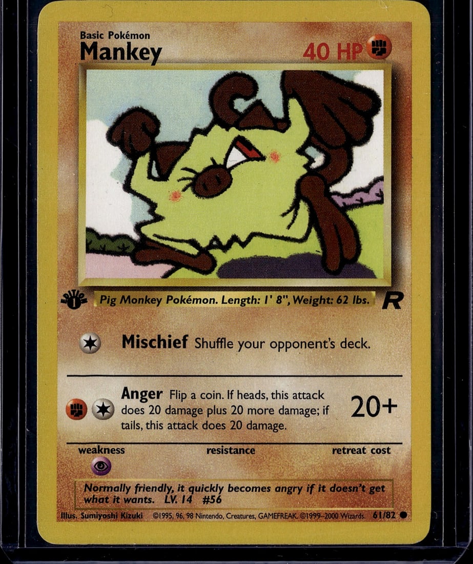 1999 Pokemon Base Set Mankey #61/82 Vintage: This is an original 1999 Pokemon Trading Card Game Base Set Mankey card (#61/82), featuring the iconic Pig Monkey Pokemon illustrated by Sumiyoshi Kizuki. The card displays Mankey's signature