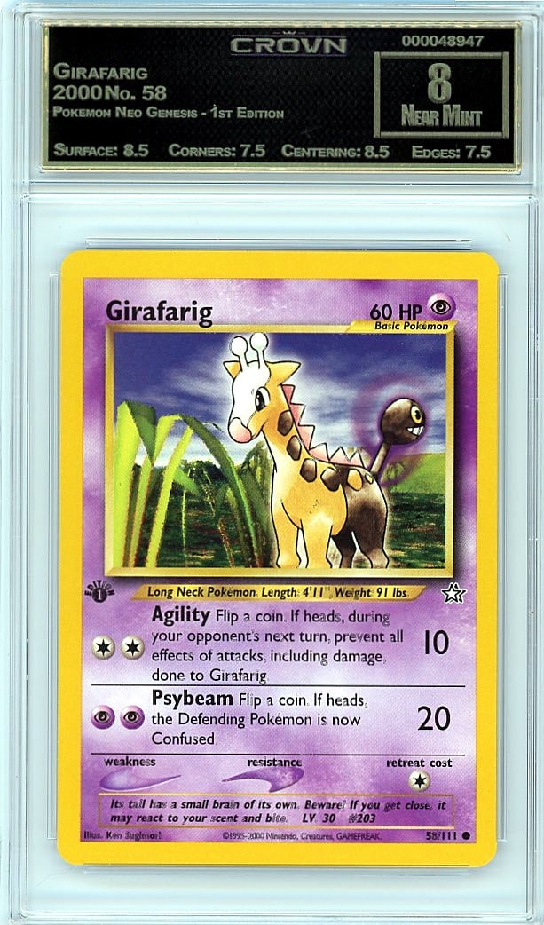 2000 Girafarig Pokemon Neo Genesis - 1st Edition: Graded by Crown Grading. Grade: 8.00. Near Mint