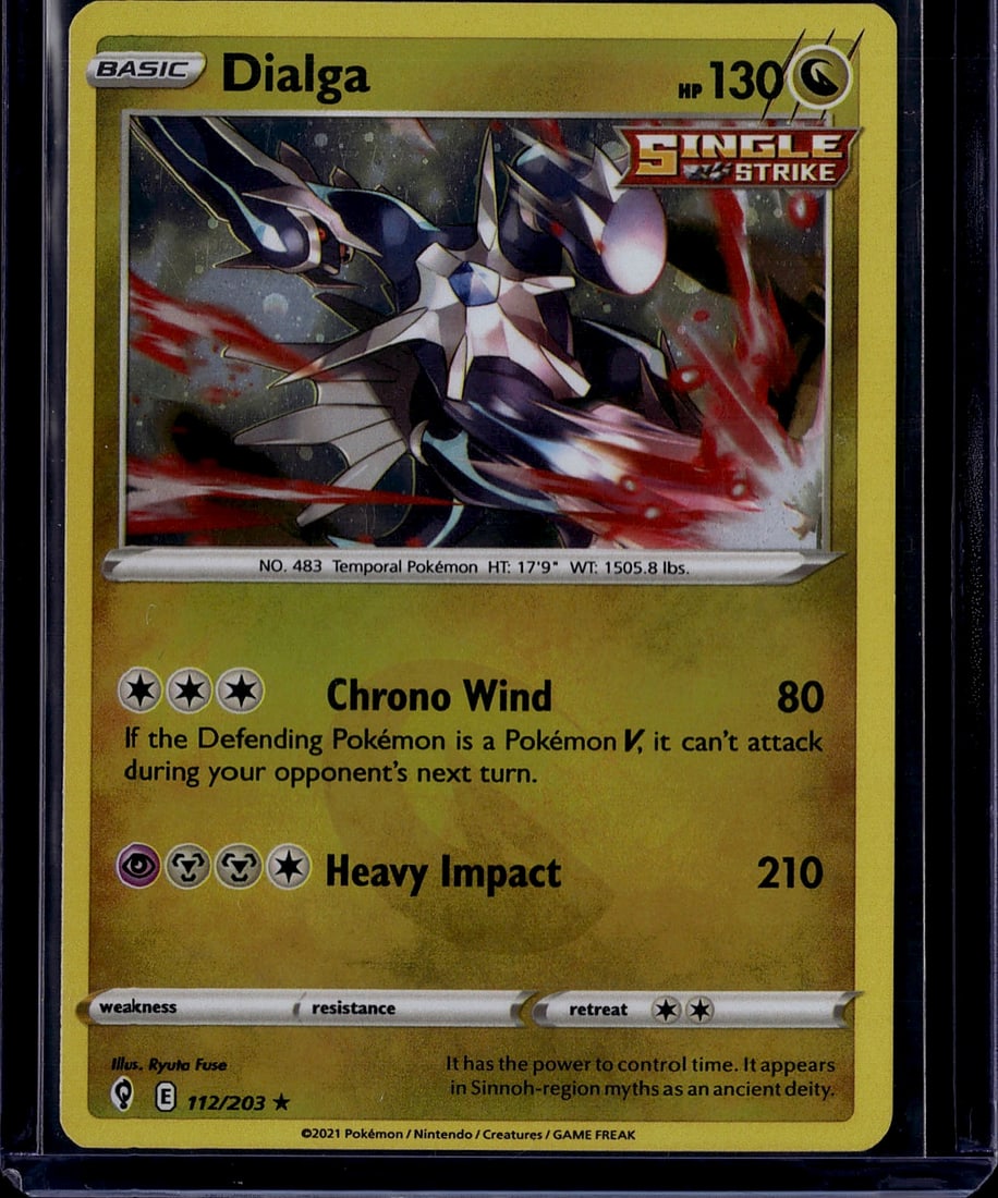 2021 Pokemon Sword & Shield Evolving Skies: Dialga is a Holo Rare Basic Dragon-type Pokemon card (130 HP) from the Sword & Shield: Evolving Skies expansion (SWSH7), released August 27, 2021. It features two attacks: Chrono Wind (80 damage,