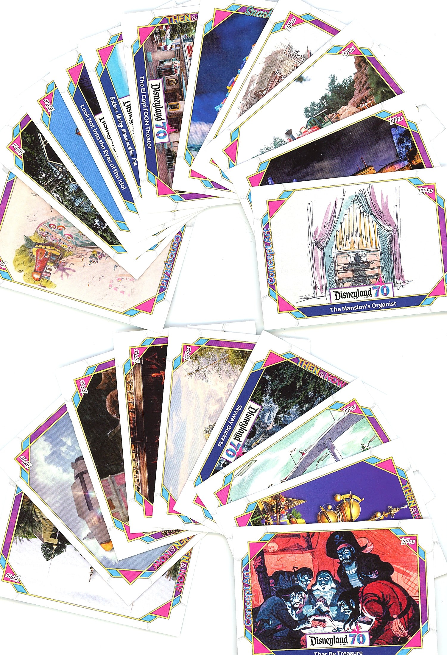 25+ Card Lot Vintage Disney Topps Trading Cards: This vintage lot contains 25+ Disney-themed trading cards from Topps, featuring iconic Disney attractions, characters, and scenes. The cards display the distinctive colorful geometric borders and desi