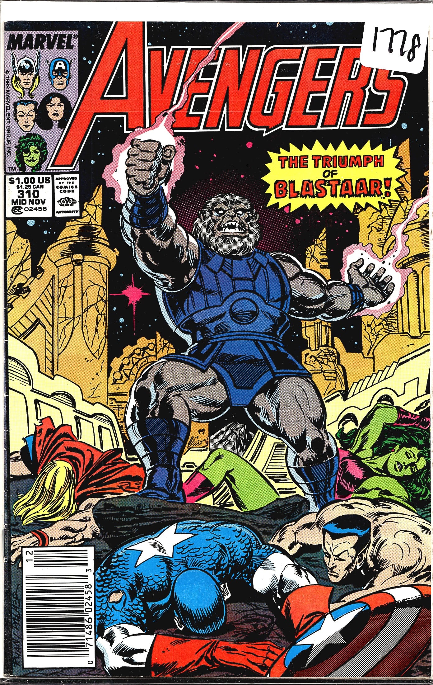 Avengers #310 Marvel Comics 1989 The Triumph of: Avengers #310 from Marvel Comics, dated Mid November 1989, featuring the story 'The Triumph of Blastaar!' on the cover. The cover art depicts the villainous Blastaar standing triumphant over a group