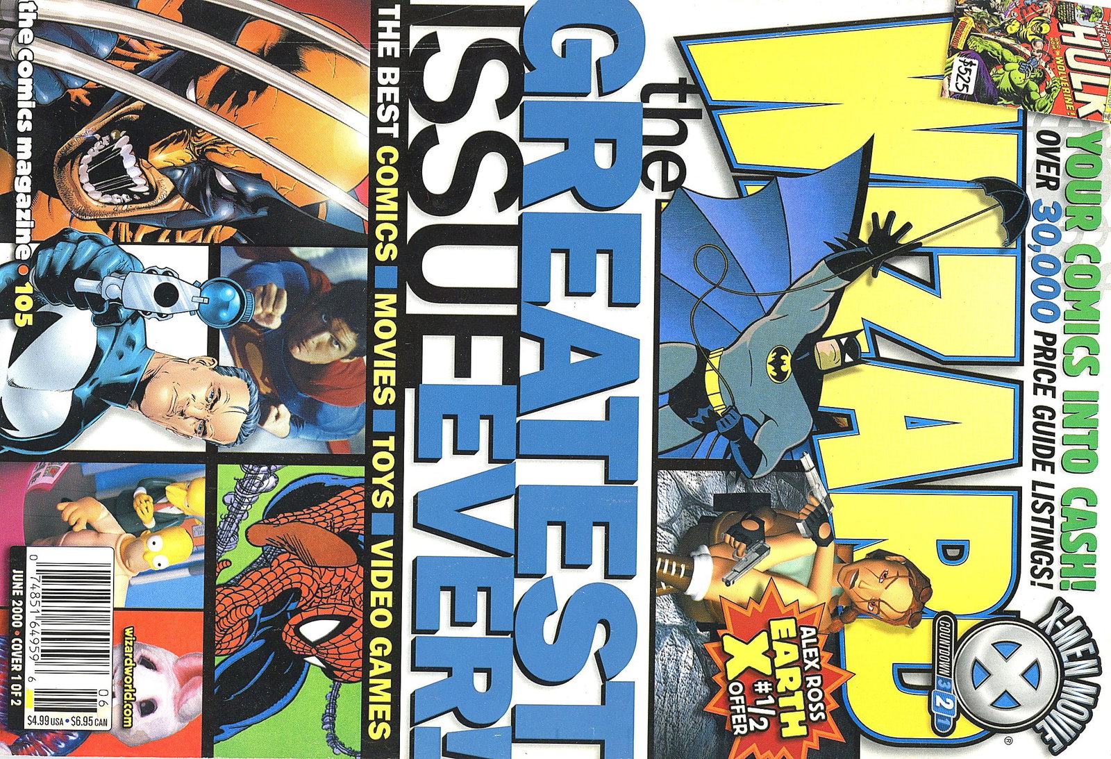 Wizard Magazine Guide to Comics 2000 #105 Issue: Wizard: The Comics Magazine issue #105, dated June 2000, billed as 'The Greatest Issue Ever.' This oversized magazine-format publication covers the best in comics, movies, toys, and video games. The c