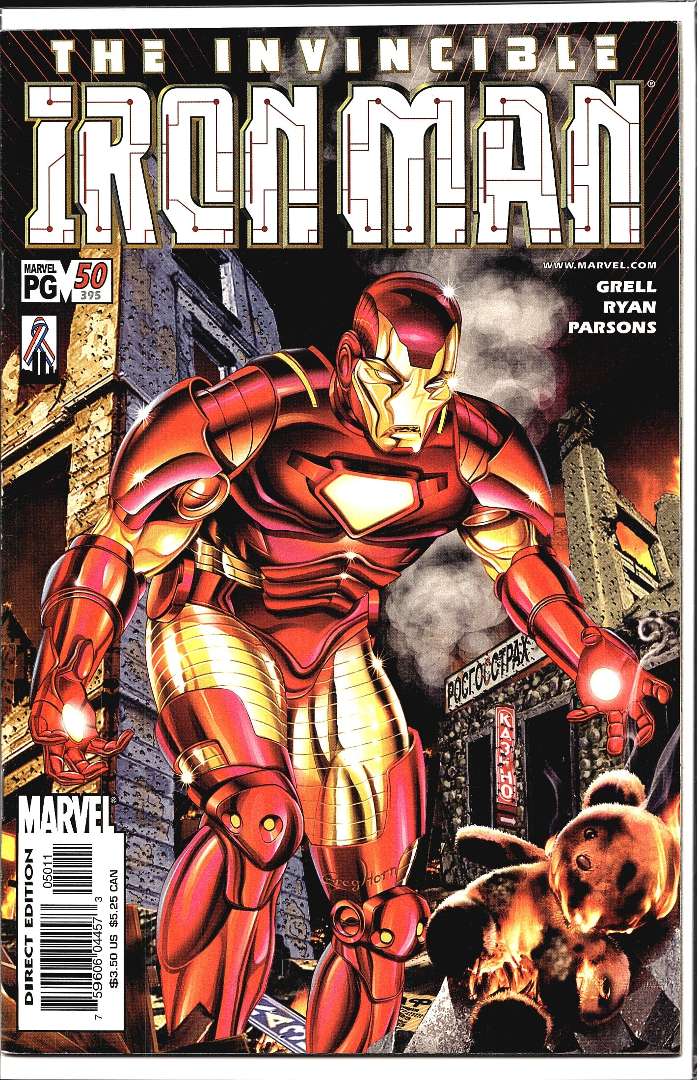 2002 Marvel The Invincible Iron Man #50: The Invincible Iron Man #50 published by Marvel Comics, featuring a cover by Greg Horn with credits to writer Mike Grell, artist Paul Ryan, and inker Mark Parsons. This issue is numbered #395 in the