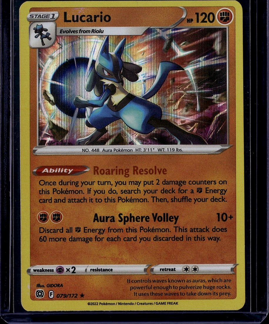 Lucario 079/172 Scarlet Violet Pokemon Card: This is a raw Lucario Pokemon trading card from the Scarlet & Violet set, card number 079/172. Lucario is a Stage 1 Aura Pokemon with 120 HP that evolves from Riolu. The card features vibrant