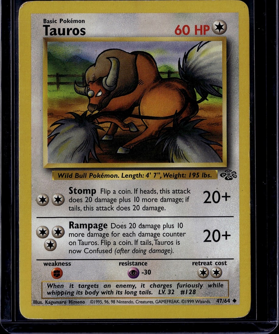 1999 Pokemon Base Set Tauros Card 47/64: This is an original 1999 Pokemon Trading Card Game Base Set Tauros card (#47/64). Featuring the iconic Wild Bull Pokemon with its distinctive long tails, this is a classic Basic Pokemon card from the
