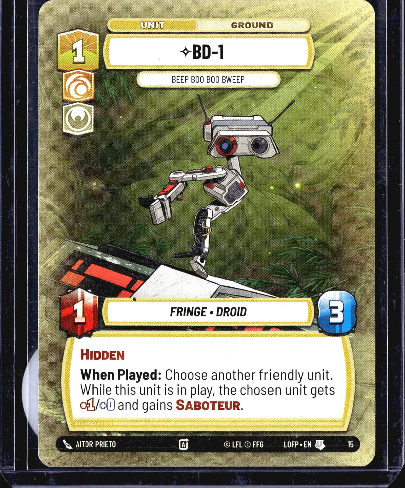 2024 Fantasy Flight Games Legends of the Force: This listing is for BD-1 (#15) from the Star Wars Unlimited trading card game set Legends of the Force (LOFP). BD-1 is a Ground Unit card in the Fringe faction with the Droid subtype. It costs 1