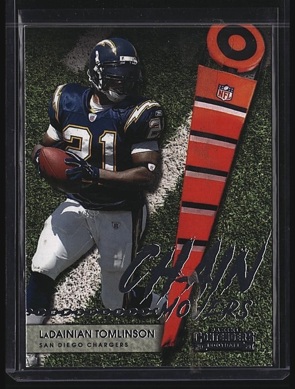 2021 Panini Contenders Chain Movers CM-LTO: 2021 Panini Contenders Football raw single featuring LaDainian Tomlinson, card number CM-ITO from the Chain Movers insert set. The card showcases Tomlinson in his San Diego Chargers uniform (#21) in