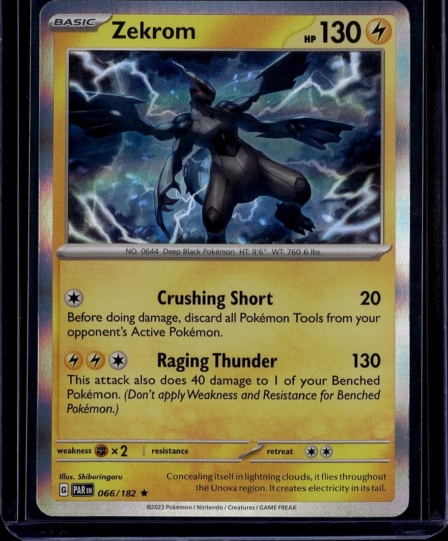 2023 Zekrom 066/182 Scarlet Violet Paradox Rift: Zekrom is a Holo Rare Lightning-type Basic Pokemon card with 130 HP from the Scarlet & Violet: Paradox Rift set (SV04), released in 2023. It is available in both regular Holo and Reverse Holo