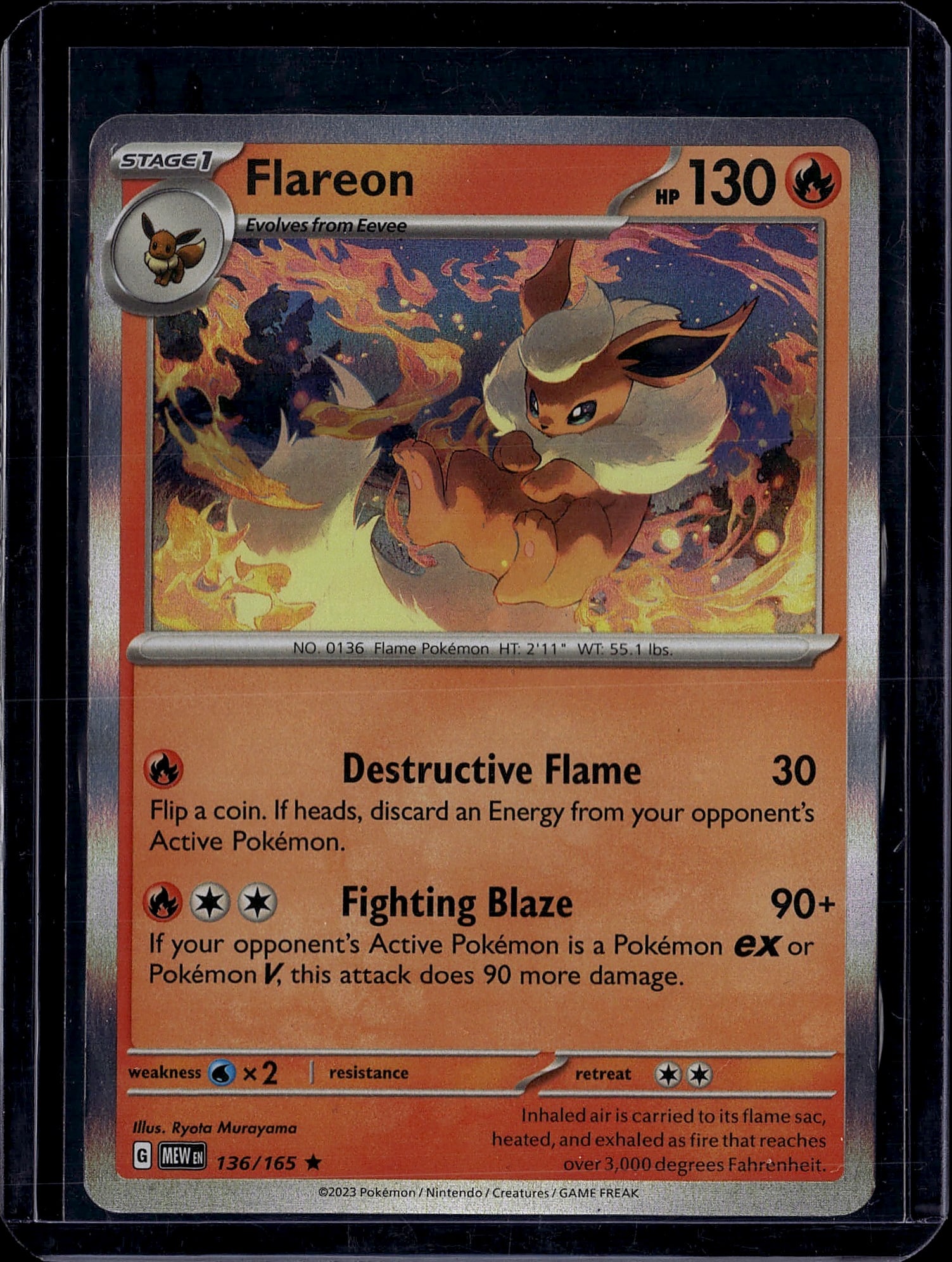 Flareon 136/165 Scarlet & Violet Pokemon Card: This is a raw Pokemon single from the Scarlet & Violet set, featuring Flareon (No. 0136), a Stage 1 Fire-type Pokemon that evolves from Eevee. The card displays excellent artwork by Ryota Murayama