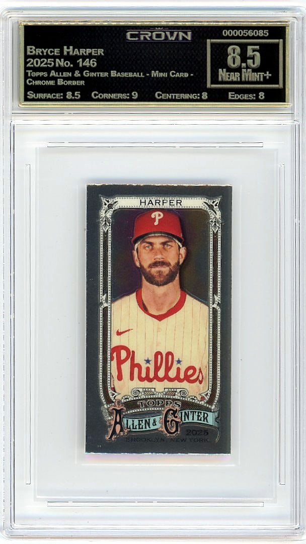 2025 Bryce Harper Topps Allen & Ginter Mini: This is a 2025 Bryce Harper card from the Topps Allen & Ginter Baseball Mini Card Chrome Border set, card number 146. The Allen & Ginter brand is known for its distinctive design and collectibility,