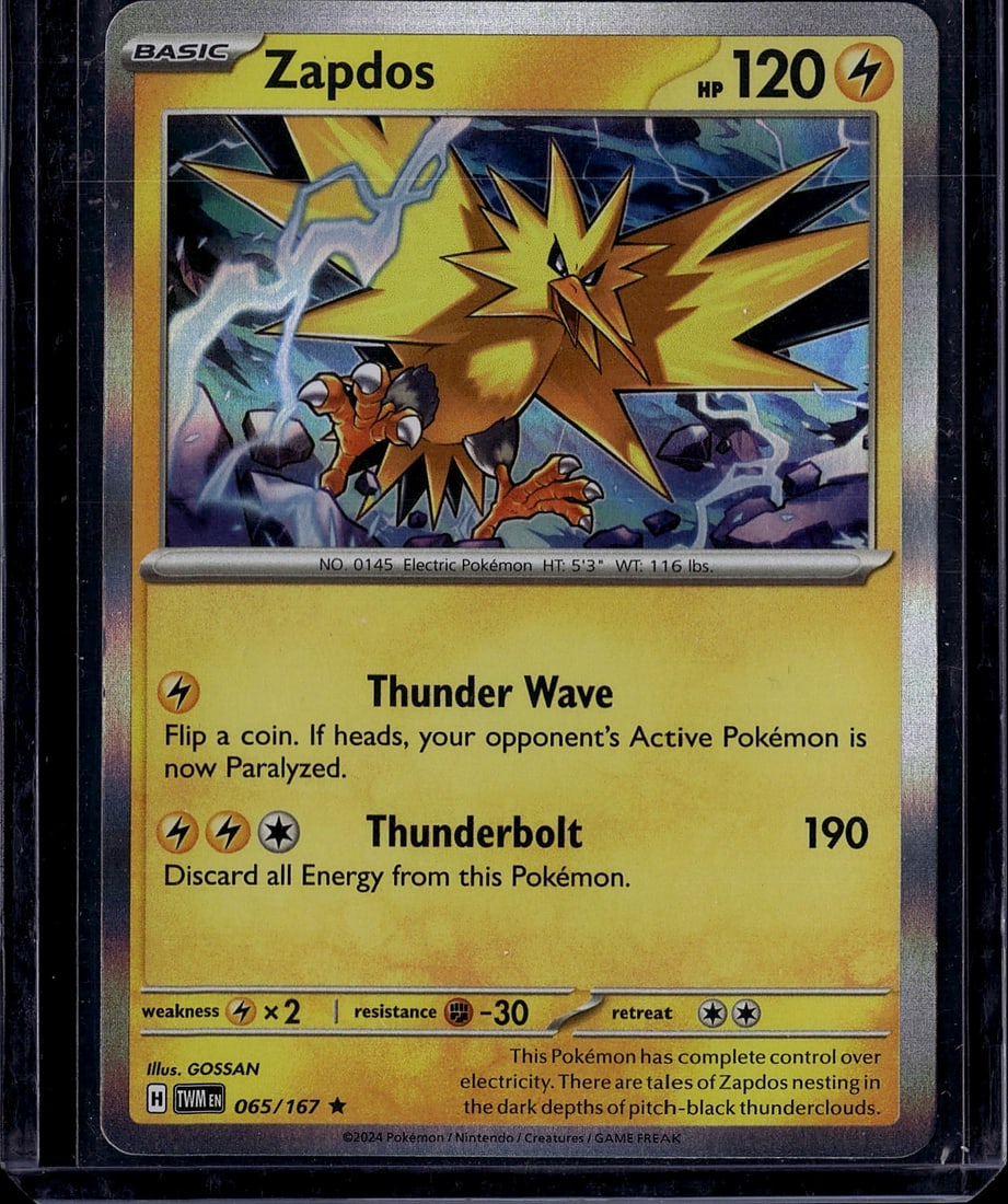 Zapdos 065/167 Scarlet & Violet Pokemon Card: This is a raw Zapdos Pokemon card from the Scarlet & Violet set, card number 065/167. Zapdos is a legendary Electric-type Pokemon featuring two attacks: Thunder Wave (a coin-flip paralyze effect) and 
