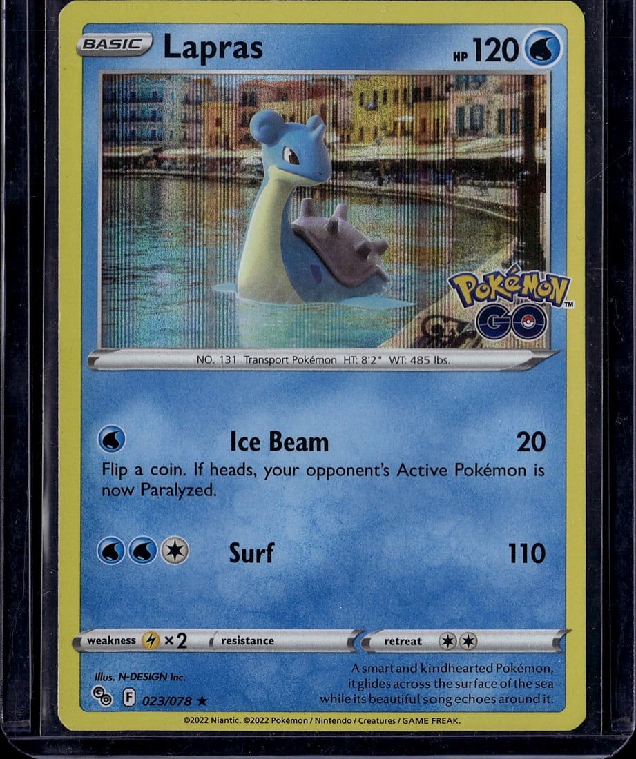 Lapras 023/078 Pokemon GO 2022 Single Card: This is a raw Lapras Pokemon card from the 2022 Pokemon GO set, card number 023/078. Lapras is depicted as the Transport Pokemon with 120 HP and a Water-type classification. The card features two atta