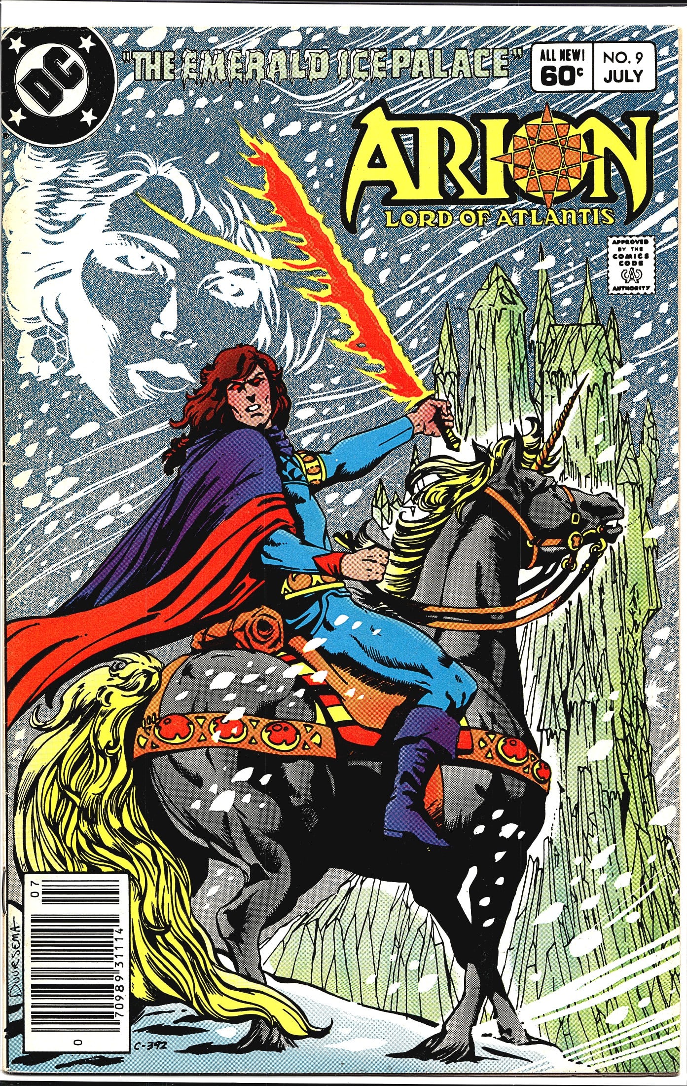 1983 DC Comics Arion Lord of Atlantis #9 Comic: This is Arion: Lord of Atlantis #9 published by DC Comics, cover dated July 1983, priced at 60 cents. The issue is titled 'The Emerald Ice Palace' as printed at the top of the cover. The cover artwork