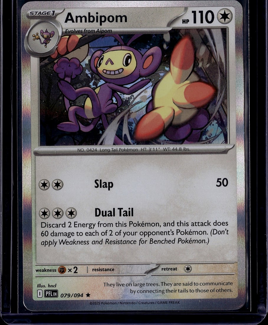 2025 Pokemon Phantasmal Flames Ambipom 079/094: This is an ungraded Ambipom Pokemon trading card from the Scarlet & Violet set, card number 079/094. Ambipom is a Stage 1 Pokemon that evolves from Aipom, featuring stunning holo rare artwork showcasi