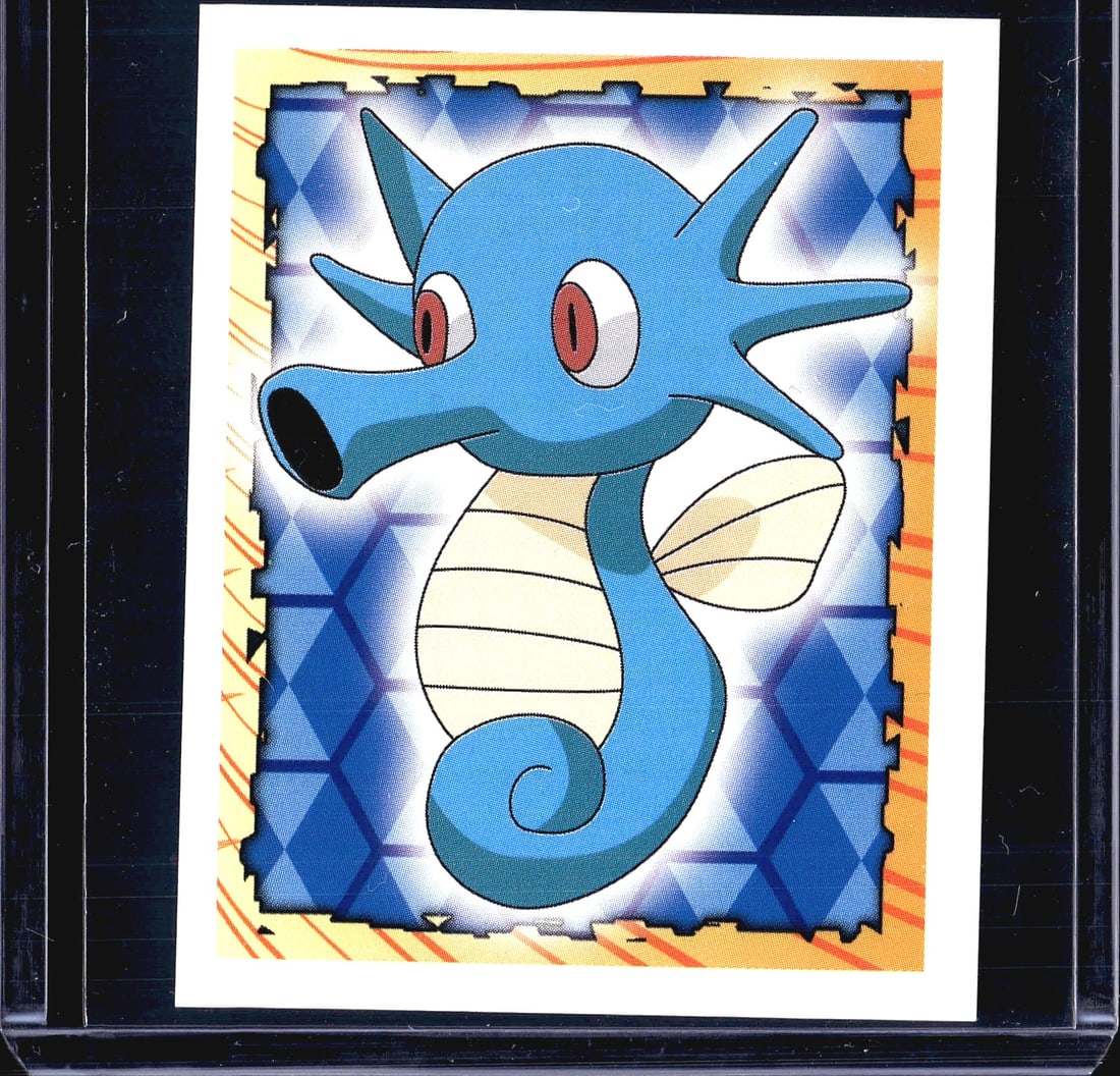1999 Merlin Pokemon Sticker #116 Horsea Nintendo: This is a 1999 Merlin Collections Pokemon sticker numbered 116, featuring Horsea, the Water-type seahorse Pokemon. The front displays Horsea on a blue diamond-pattern foil background with an orange an