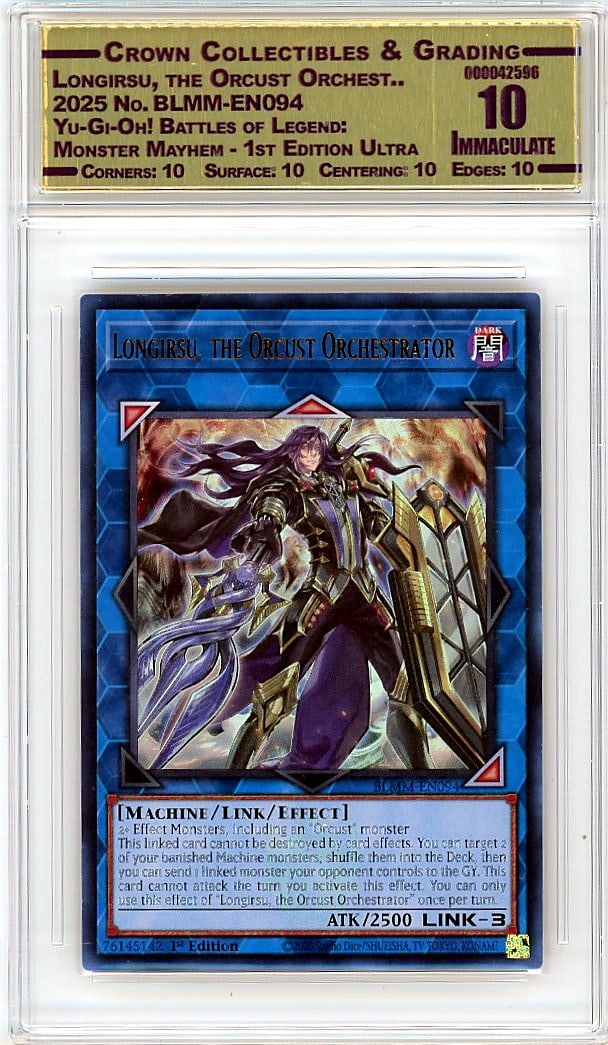 2025 Longirsu Orcust Orchest BLMM-EN094 Ultra: This is a 2025 Longirsu, the Orcust Orchest card from the Yu-Gi-Oh! Battles of Legend: Monster Mayhem set, 1st Edition Ultra Rare. The card number is BLMM-EN094. This is an official graded slab repres