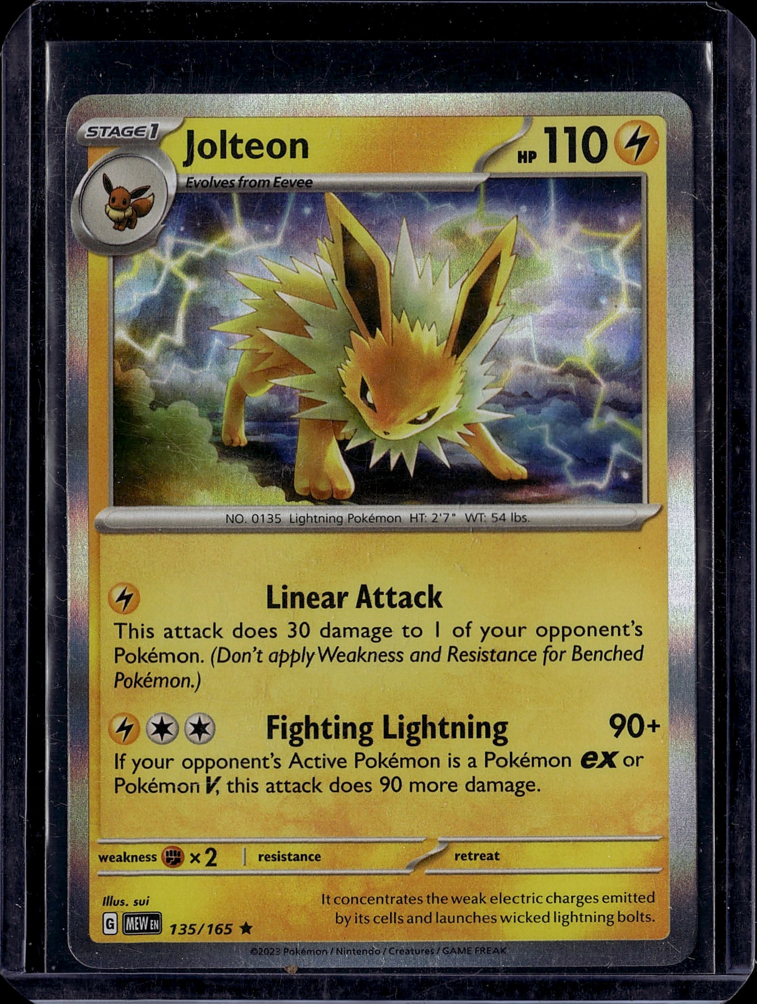 Jolteon 135/165 Scarlet & Violet Pokemon Card: This is a raw Jolteon Pokemon trading card from the Scarlet & Violet set (2023). Card #135/165 features the Lightning-type Jolteon evolution of Eevee with 110 HP. The card displays vibrant artwork