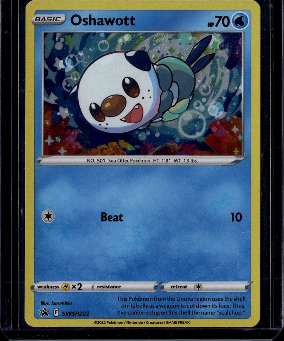 Oshawott 501 Pokemon Sword & Shield Water Single: This is a raw Pokemon trading card featuring Oshawott (No. 501), the Water-type Sea Otter Pokemon from the Unova region. The card is from the Sword & Shield era set (SWSh222) and displays the Basic Po