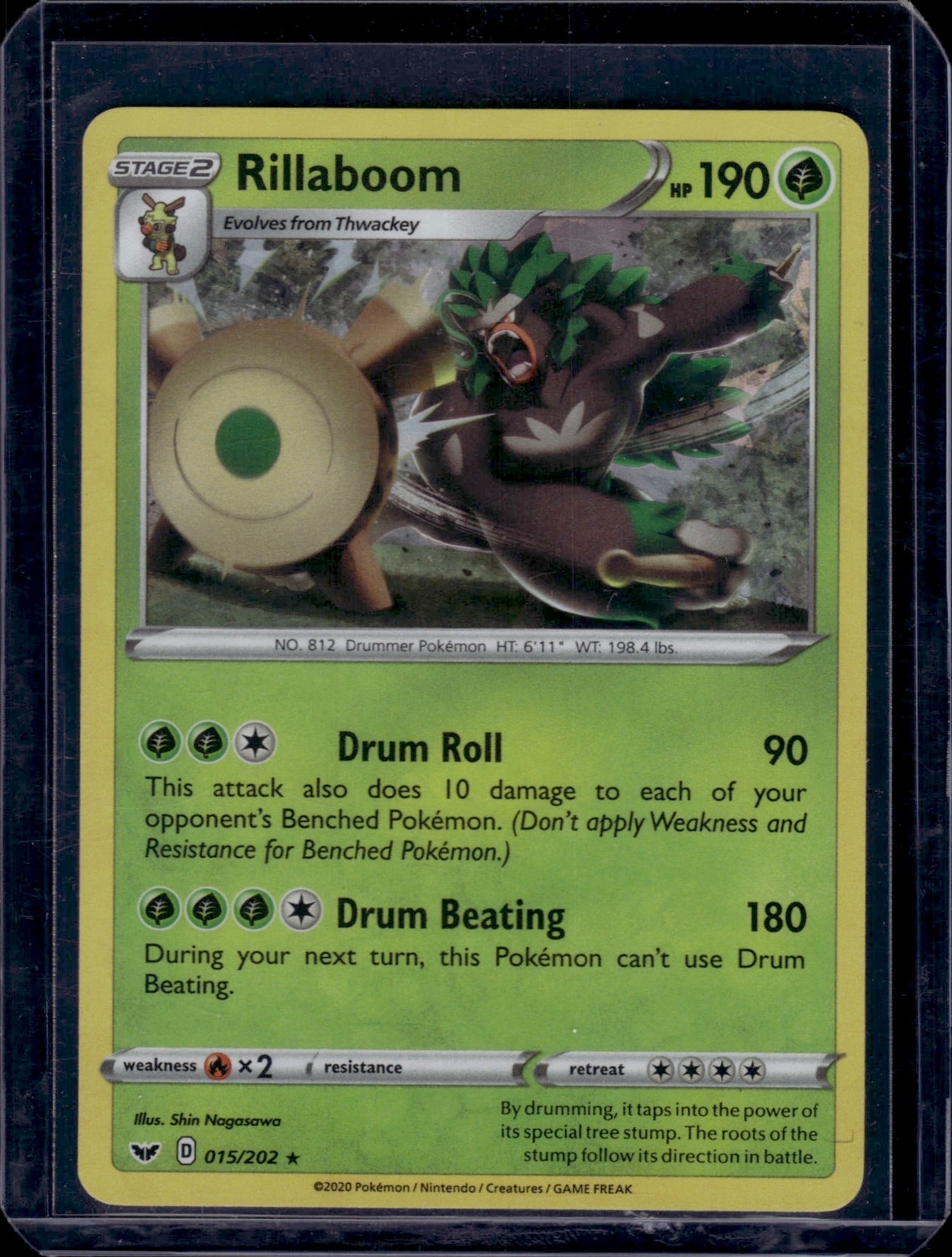 Rillaboom 015/202 Sword & Shield Pokemon Card: This is a raw Rillaboom Pokemon card from the Sword & Shield set, card number 015/202. Rillaboom is a Stage 2 Grass-type Pokemon with 190 HP that evolves from Thwackey. The card features artwork by Sh