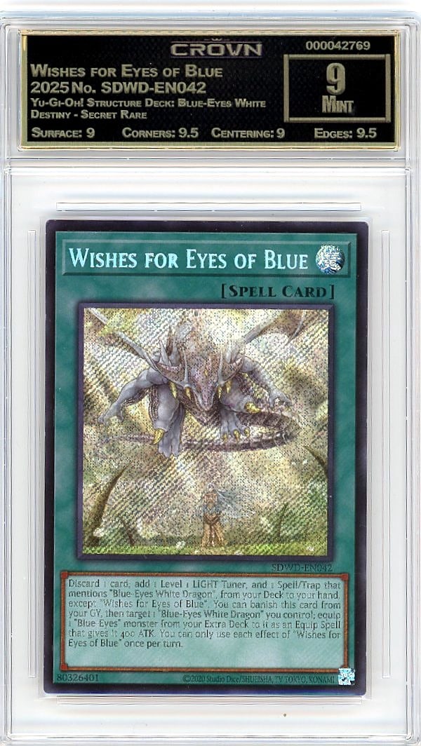 2025 Wishes for Eyes of Blue Yu-Gi-Oh! Structure: Secure this 2025 Wishes for Eyes of Blue Yu-Gi-Oh! Structure Deck: Blue-Eyes White Destiny Secret Rare card graded Crown Grade 9.00 - a premium collectible from one of the most sought-after modern