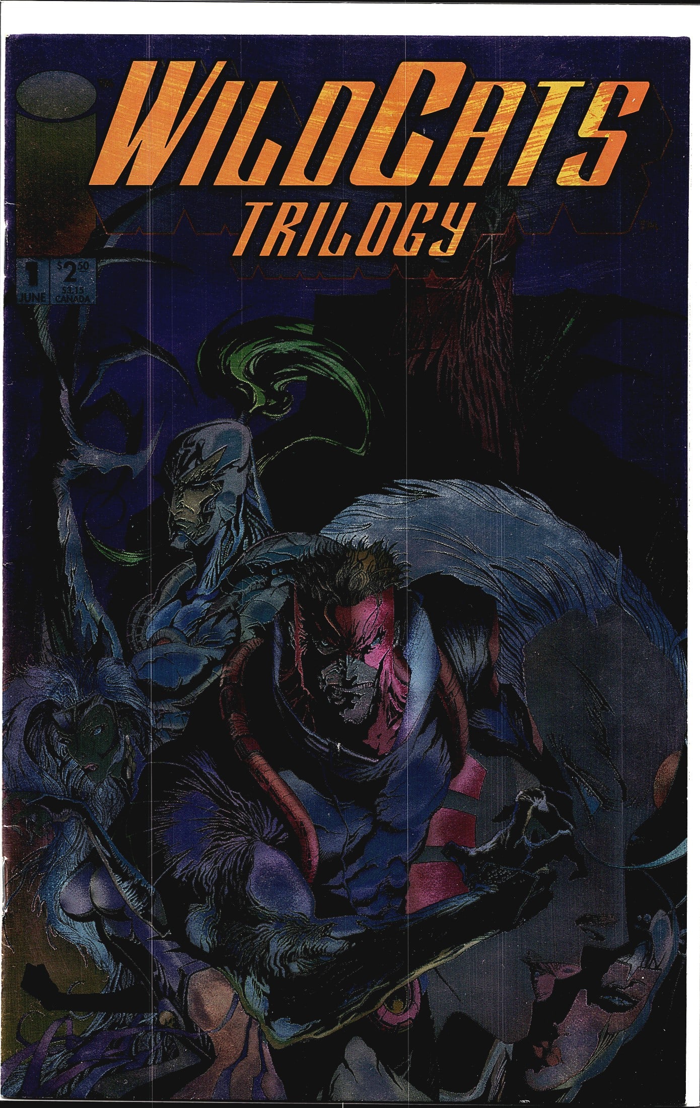 1993 Image Comics WildC.A.T.S Trilogy #1 Comic: WildCats Trilogy #1, published by Image Comics, dated June 1993, priced at $2.50 ($3.13 Canada). This is the first issue of the WildCats Trilogy limited series, featuring cover art depicting the WildC