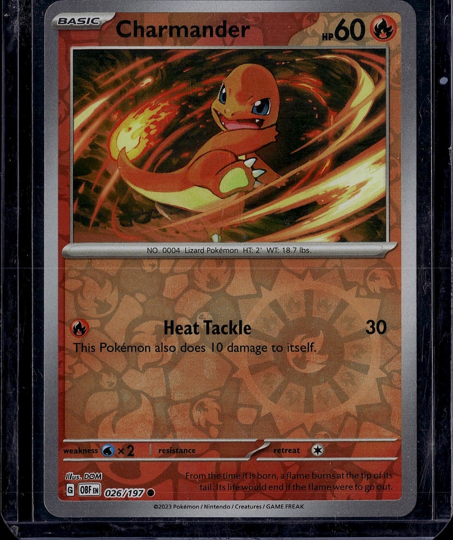 Charmander 026/197 Pokemon Scarlet & Violet: This is a raw Charmander Pokemon trading card from the Scarlet & Violet set, card number 026/197. It features the classic Lizard Pokemon (NO. 0004) with its iconic flame tail, rendered in vibrant