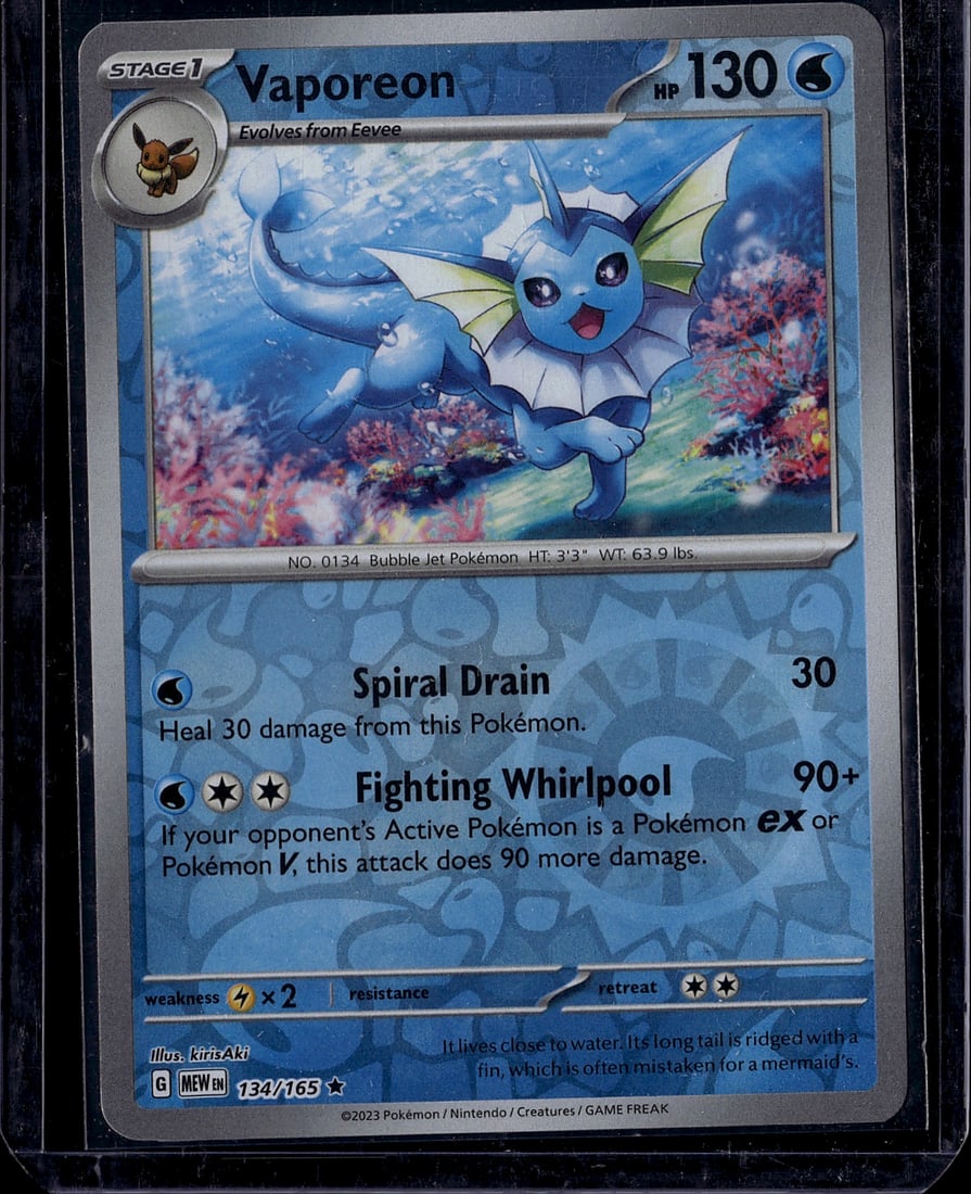 Vaporeon 134/165 Scarlet & Violet Pokemon Card: This is a raw Vaporeon Stage 1 Pokemon card from the Scarlet & Violet set, card number 134/165. Vaporeon is a Water-type Bubble Jet Pokemon that evolves from Eevee, featuring 130 HP. The card