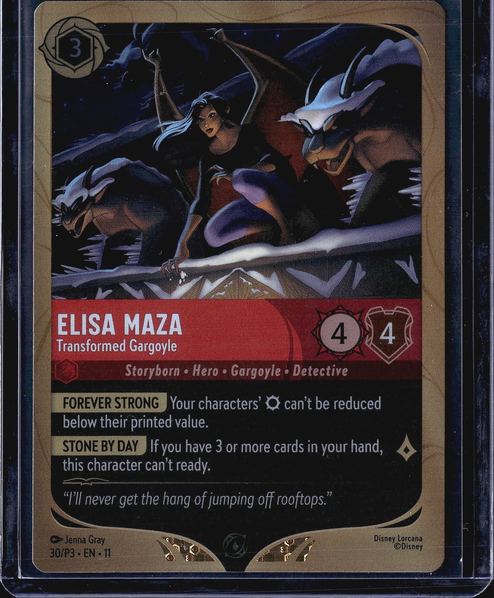 2024 Disney Lorcana Promo 30/P3 Elisa Maza: This listing features the Disney Lorcana promotional card Elisa Maza - Transformed Gargoyle, card number 30/P3 from the EN-11 promo set. The card is a Ruby-ink character belonging to the Storyborn, He