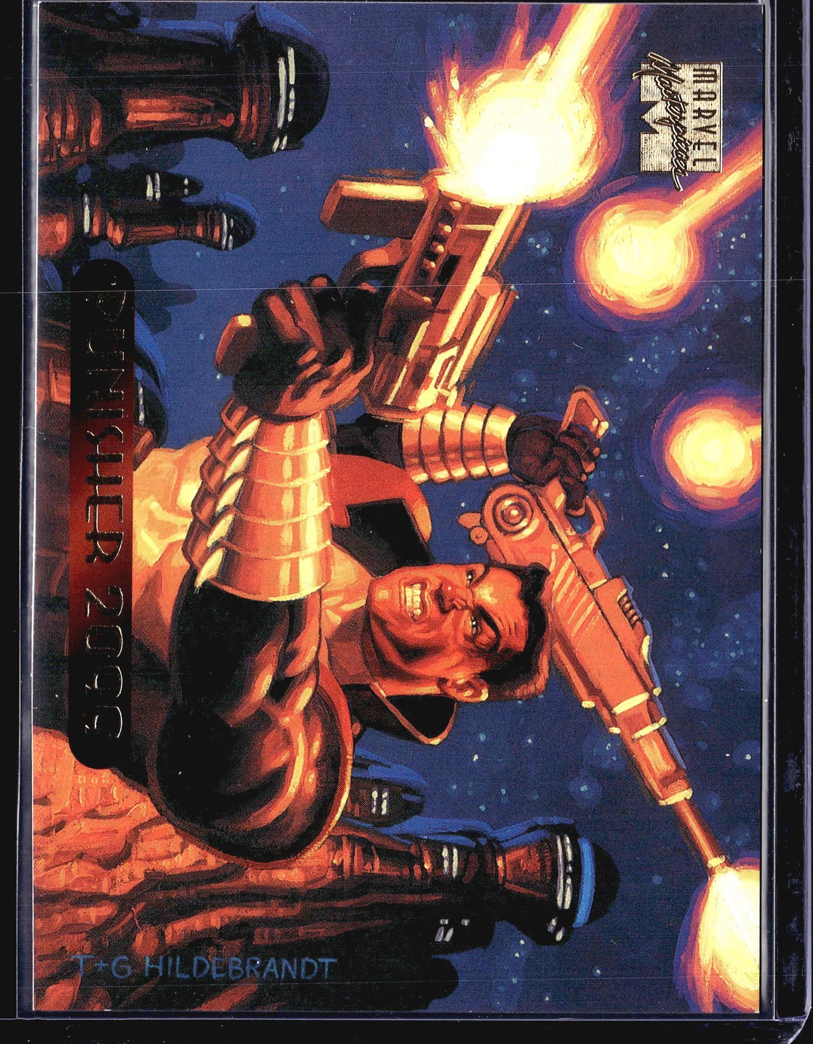 1994 Fleer Marvel Masterpieces Punisher 2099 #95: This is card #95 from the 1994 Marvel Masterpieces trading card set, distributed by Fleer Corp., featuring Punisher 2099. The artwork was painted by Greg and Tim Hildebrandt, whose signature appears