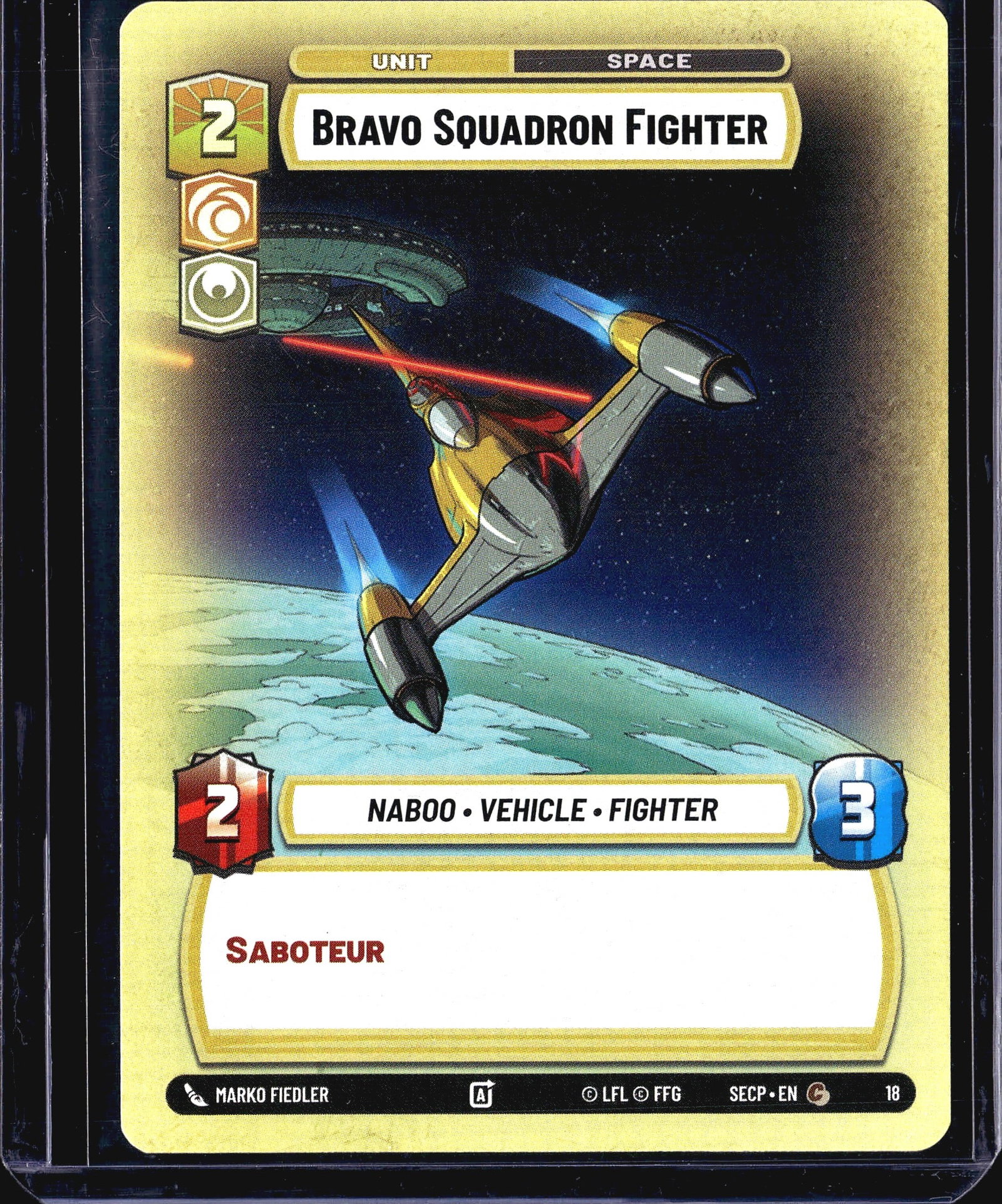 2024 Fantasy Flight Games Spark of Rebellion: This listing is for the Bravo Squadron Fighter, card #18 from the Star Wars Unlimited trading card game set Spark of Rebellion (set code SECP). Published by Fantasy Flight Games under LFL license.