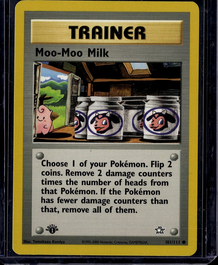 Moo-Moo Milk Trainer Pokemon Card 101/111 Neo: This is a vintage Pokemon Trainer card from the Neo Genesis set released in 2000. Moo-Moo Milk is a classic Trainer support card featuring the iconic Miltank character on milk bottles. The card