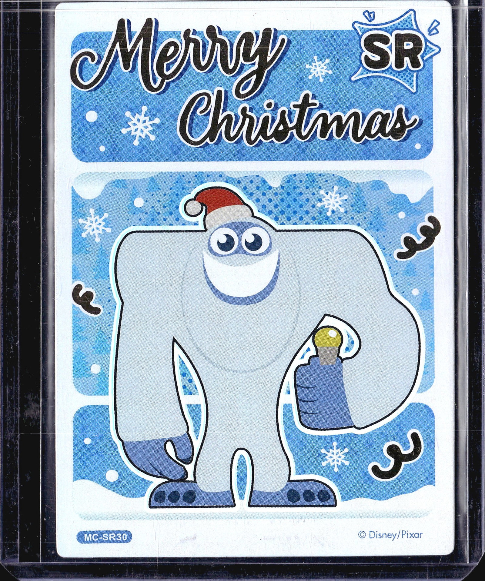 2023 Card Fun Disney 100 Anniversary SR30 Super: This is a Disney/Pixar licensed trading card numbered MC-SR30 from the Merry Christmas set, featuring the Yeti character from Monsters, Inc. wearing a Santa hat and giving a thumbs up. The card