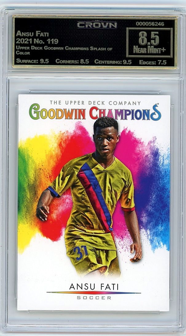 2021 Ansu Fati Upper Deck Goodwin Champions: This is a 2021 Ansu Fati card from the Upper Deck Goodwin Champions Splash of Color set, card number 119. The Splash of Color subset is highly sought after by collectors for its vibrant,
