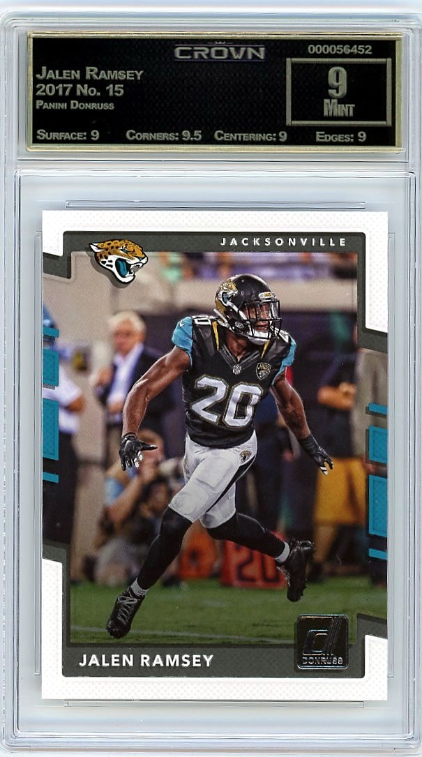 2017 Jalen Ramsey Panini Donruss #15 Crown 9: This is a 2017 Jalen Ramsey card from the Panini Donruss set, card number 15. It's a key rookie-era card of the standout defensive back, captured during his early NFL years when he was establishing