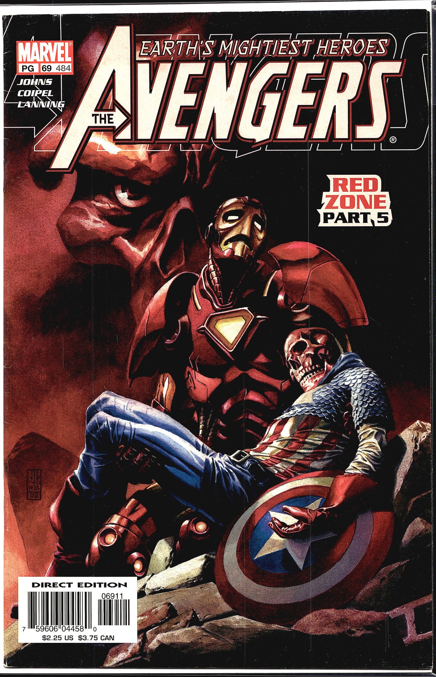 2003 Marvel Avengers Comic #69 The Avengers: This is Avengers #69 (vol. 3, issue #484) published by Marvel Comics, part of the 'Red Zone' storyline (Part 5). The creative team listed on the cover includes Johns, Coipel, and Lanning. The cover ar